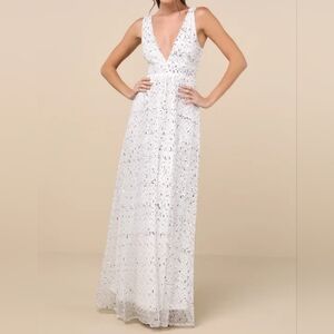 Lulus Solita White Sequin Mesh Sleeveless Maxi Dress, Size Women's XS